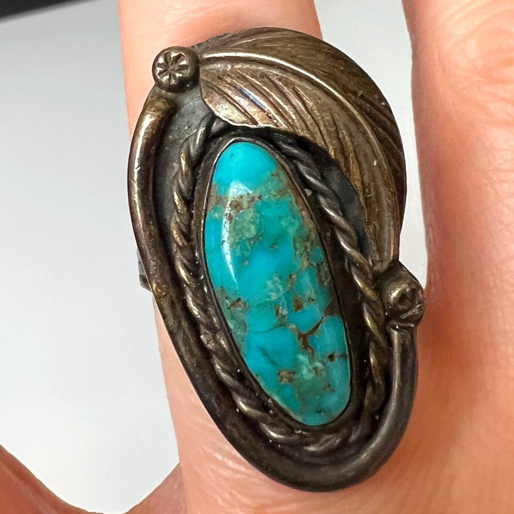 Large Turquoise Sterling Silver 925 Ring With Feather, Size 7.5